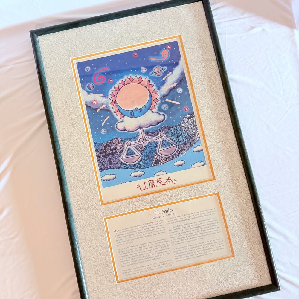 Vintage 90s Libra "The Scales" Zodiac Celestial Astrological Framed Art